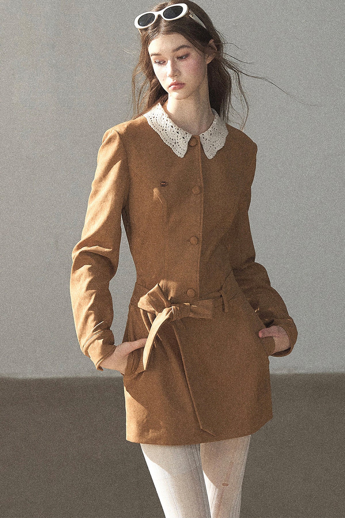 Faux Suede Lace Collar Short Dress