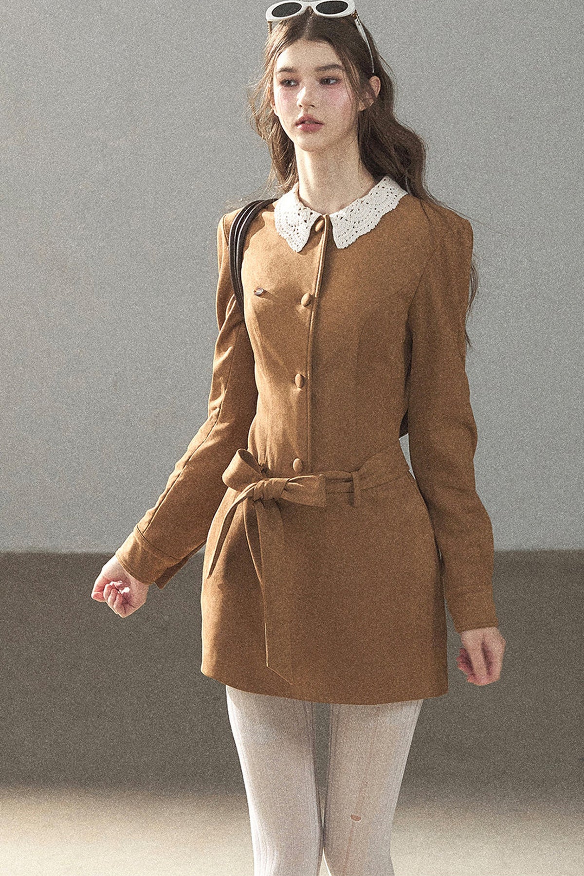 Faux Suede Lace Collar Short Dress