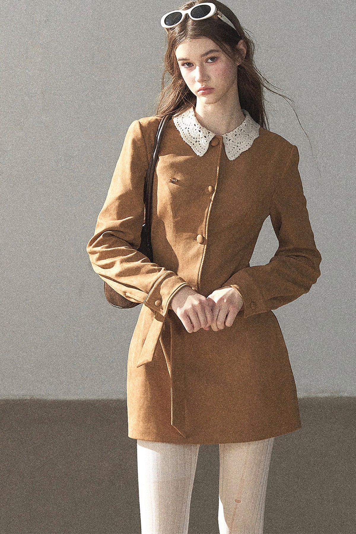 Faux Suede Lace Collar Short Dress