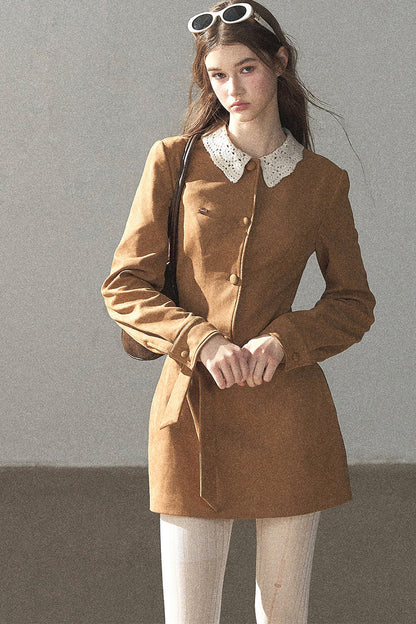 Faux Suede Lace Collar Short Dress