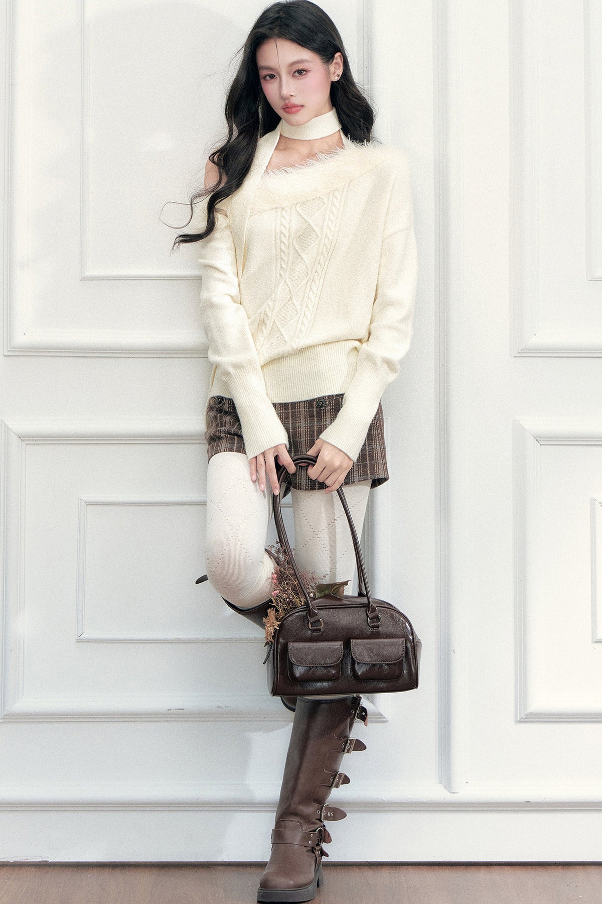 Fur Collar Off-Shoulder Cable Knit Sweater