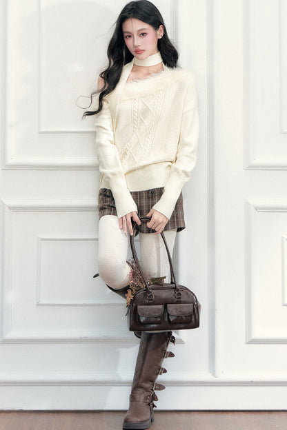 Fur Collar Off-Shoulder Cable Knit Sweater