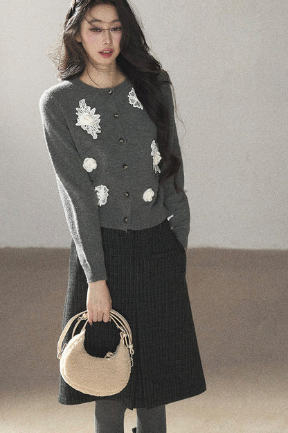 Plaid Wool Blend Slit Midi Skirt