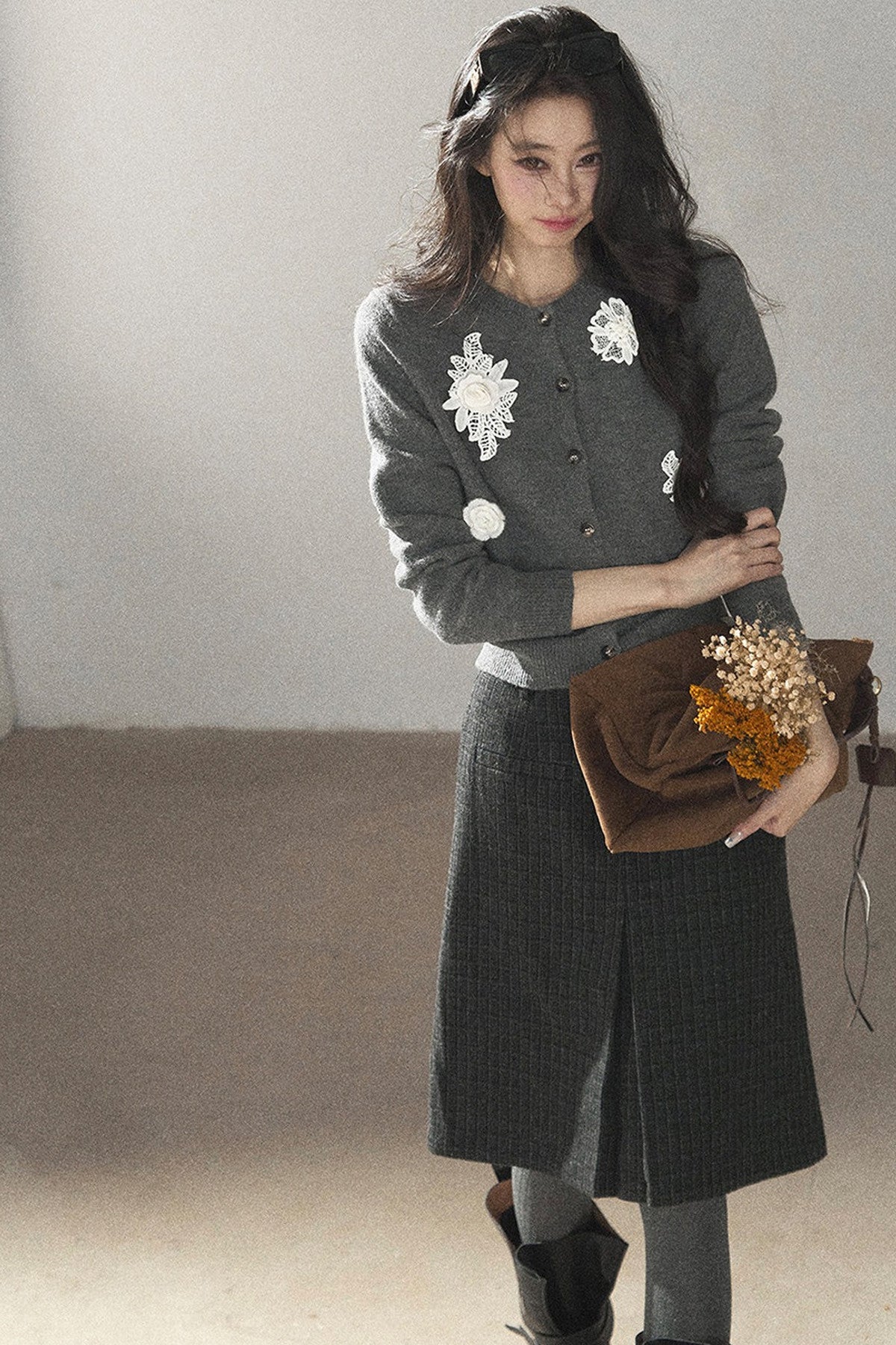 Plaid Wool Blend Slit Midi Skirt