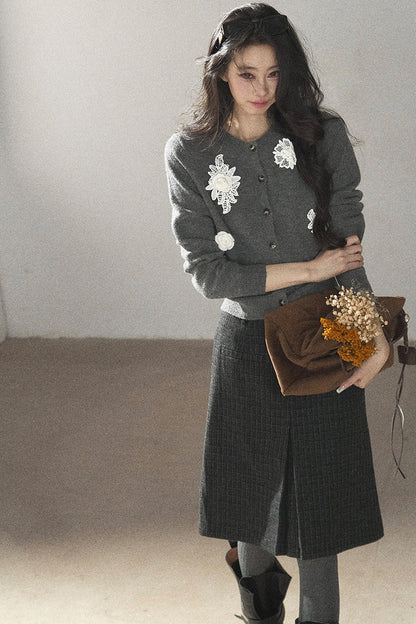 Plaid Wool Blend Slit Midi Skirt