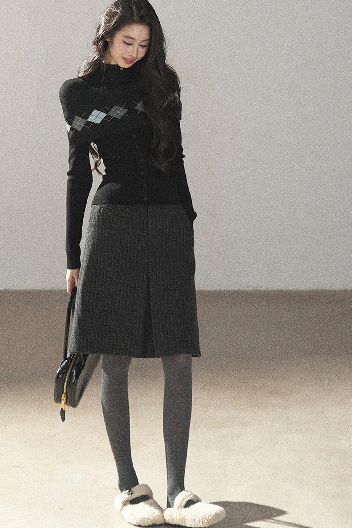 Plaid Wool Blend Slit Midi Skirt