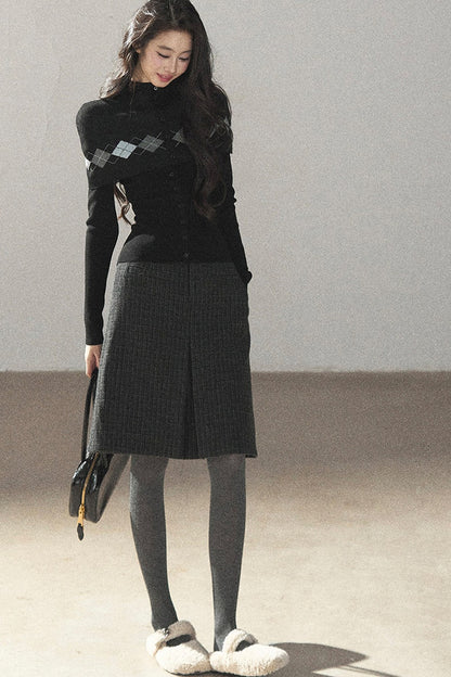 Plaid Wool Blend Slit Midi Skirt