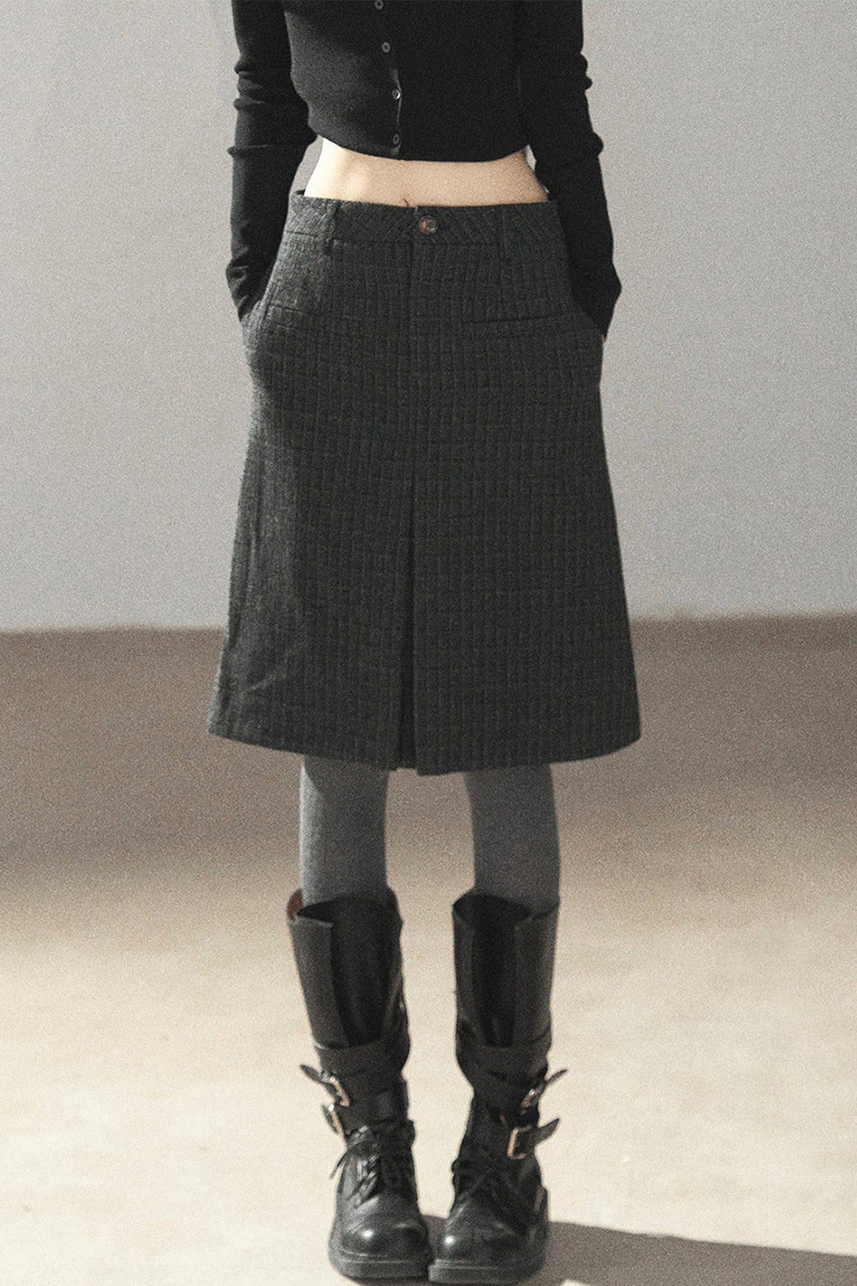 Plaid Wool Blend Slit Midi Skirt