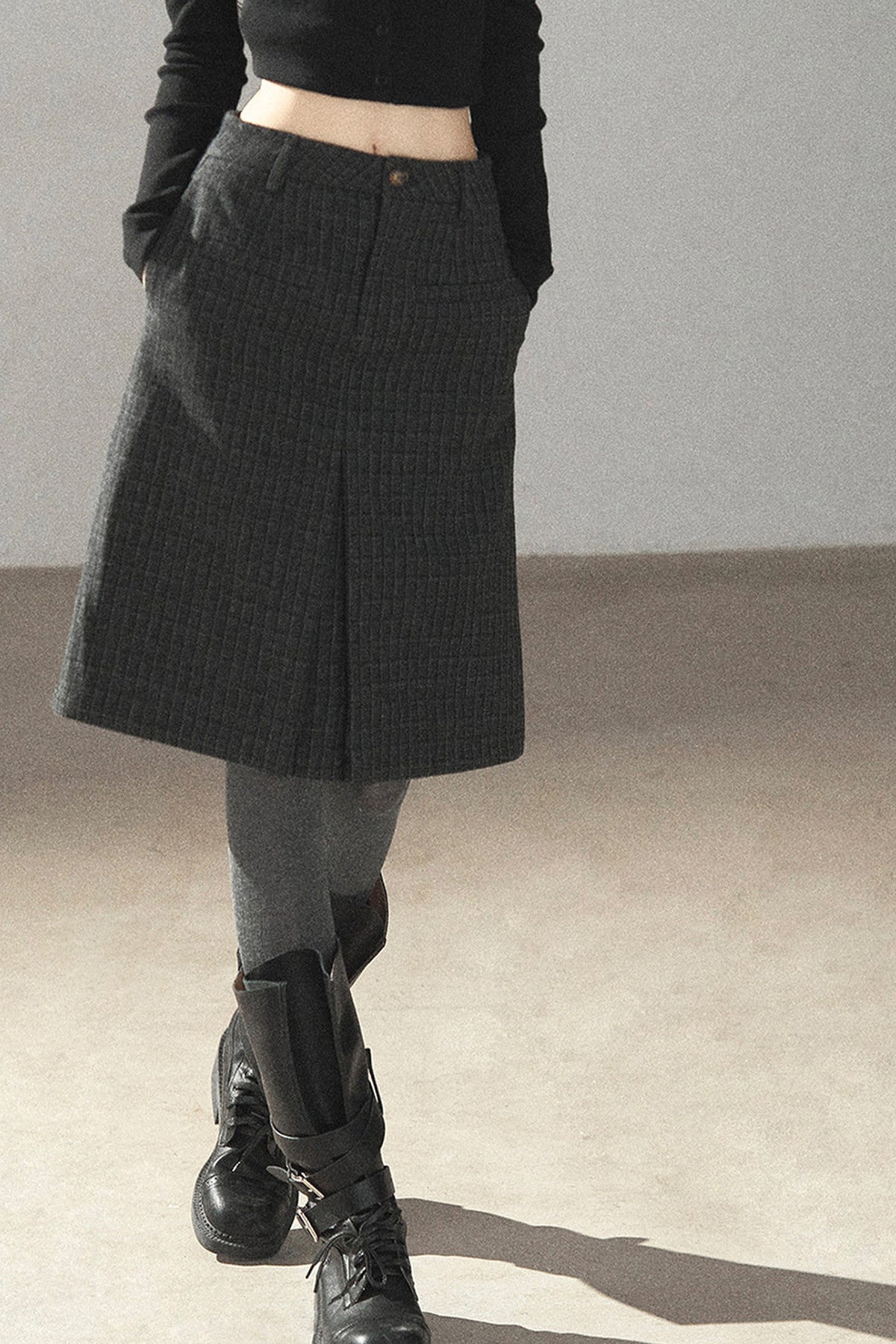 Plaid Wool Blend Slit Midi Skirt