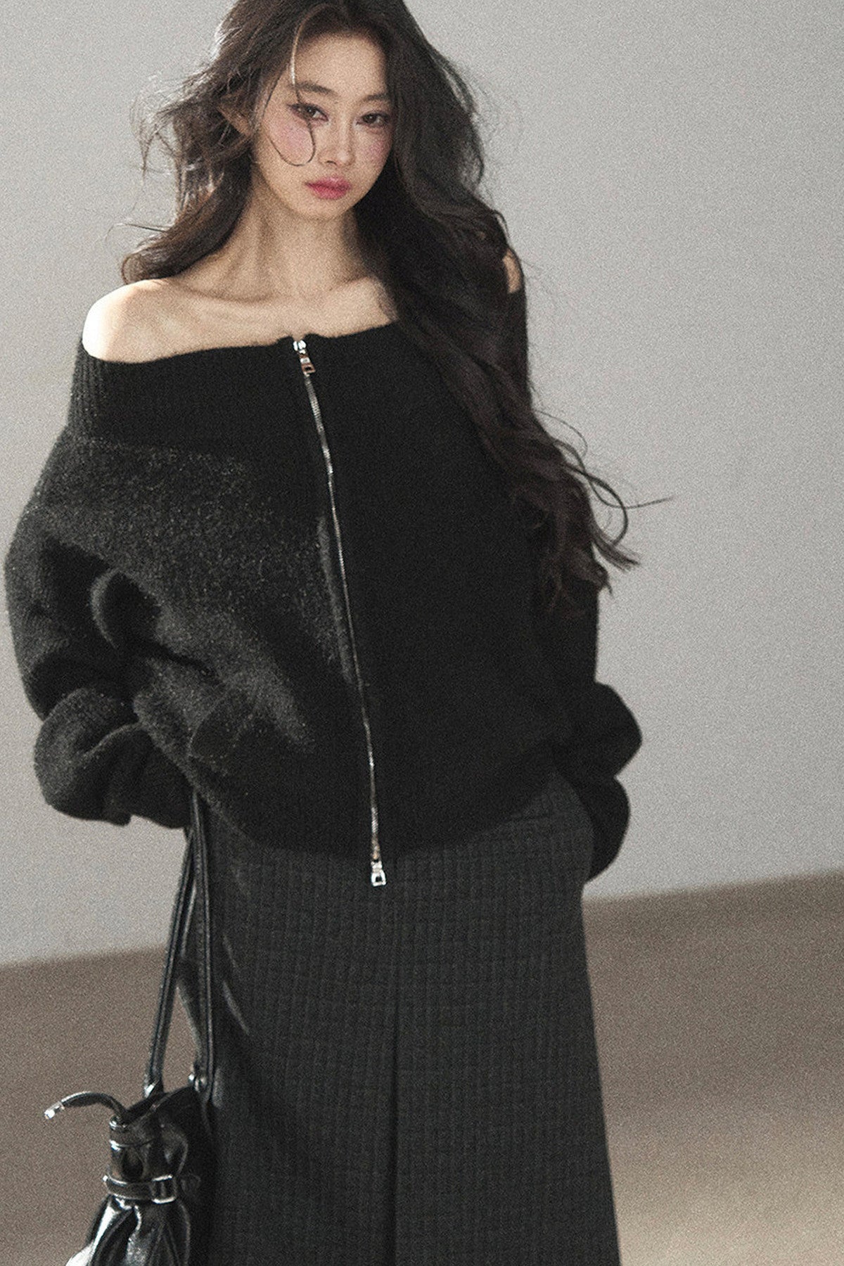 Plaid Wool Blend Slit Midi Skirt