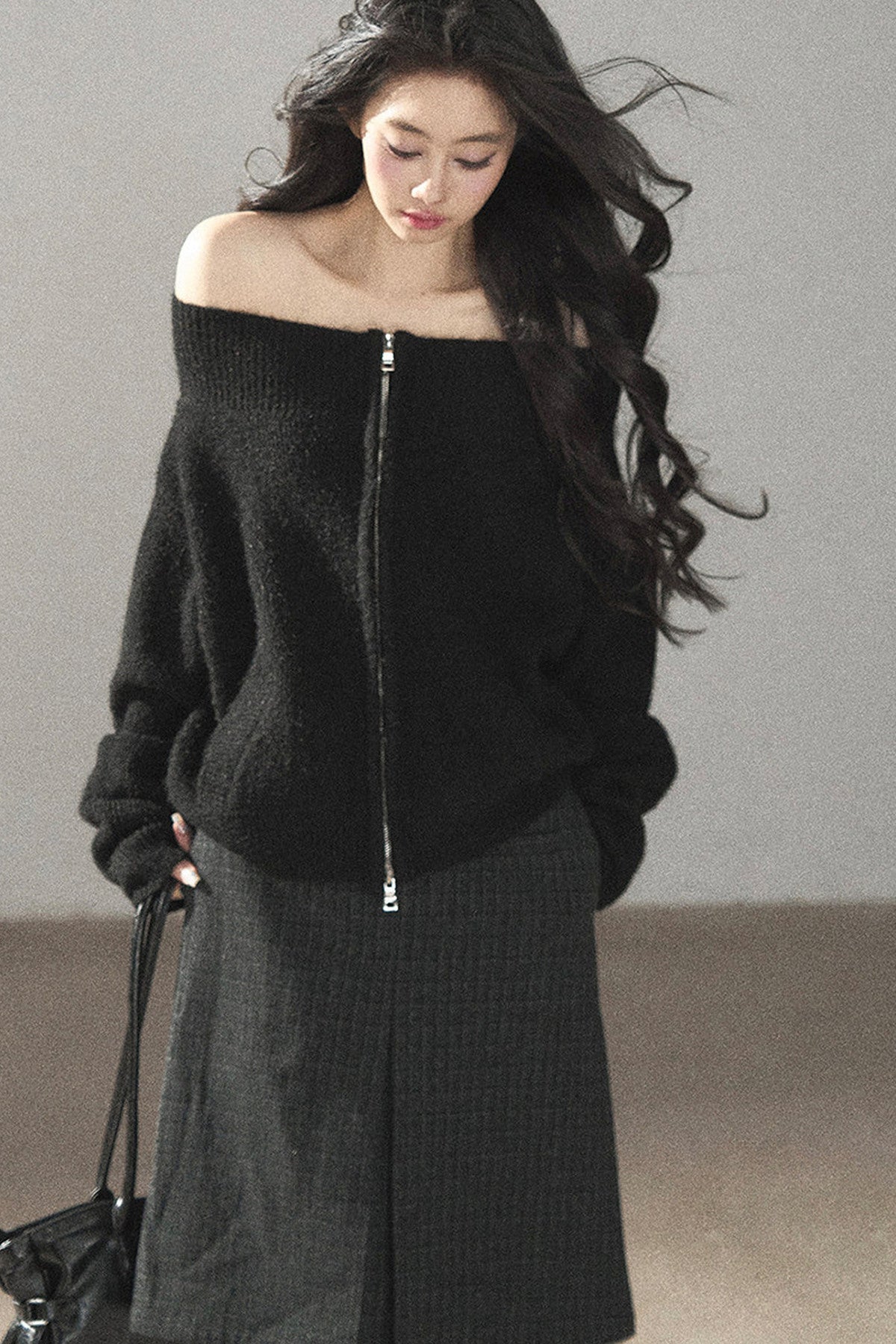 Plaid Wool Blend Slit Midi Skirt