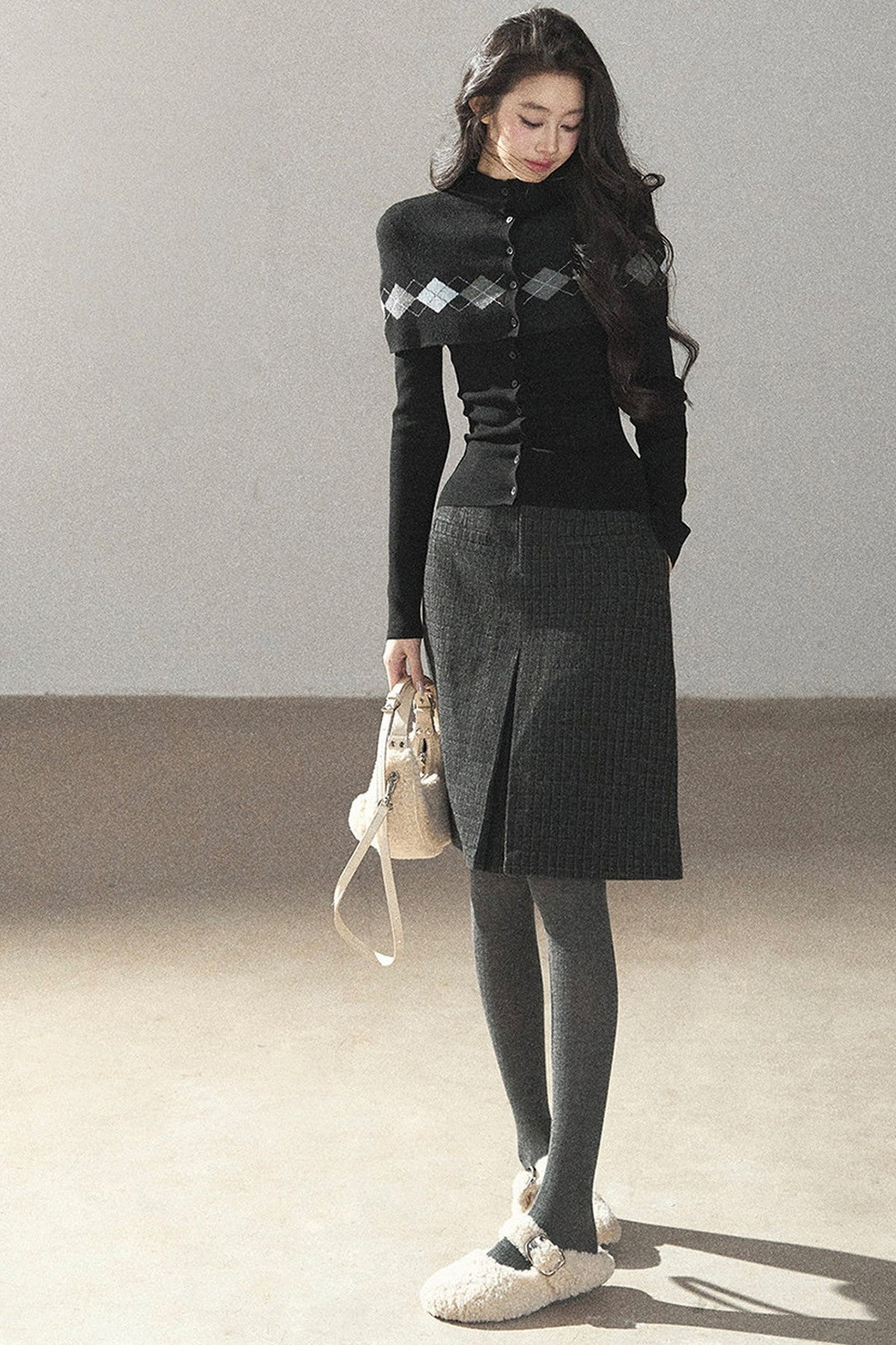 Plaid Wool Blend Slit Midi Skirt