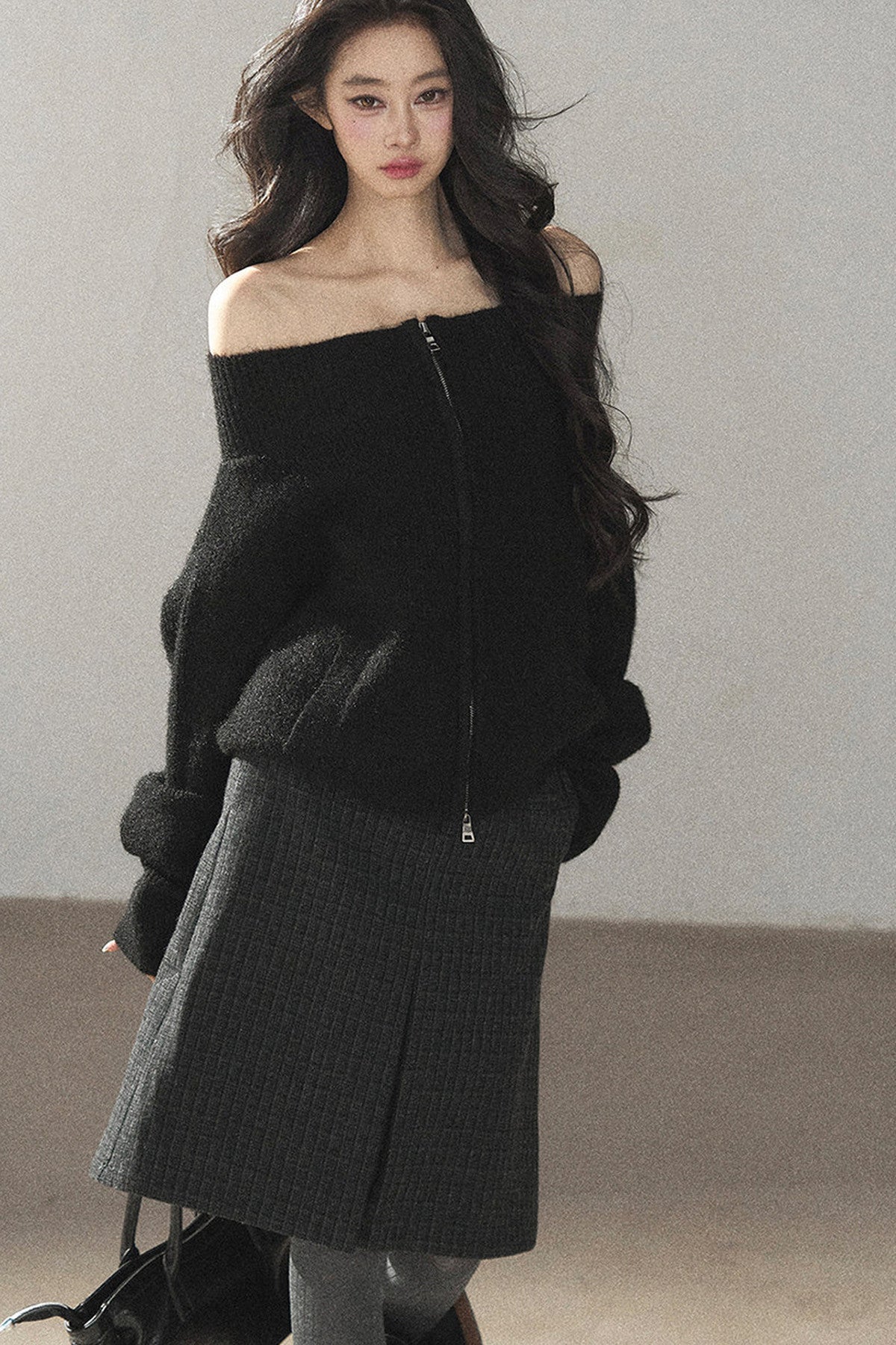 Plaid Wool Blend Slit Midi Skirt