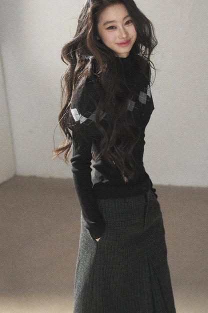 Plaid Wool Blend Slit Midi Skirt