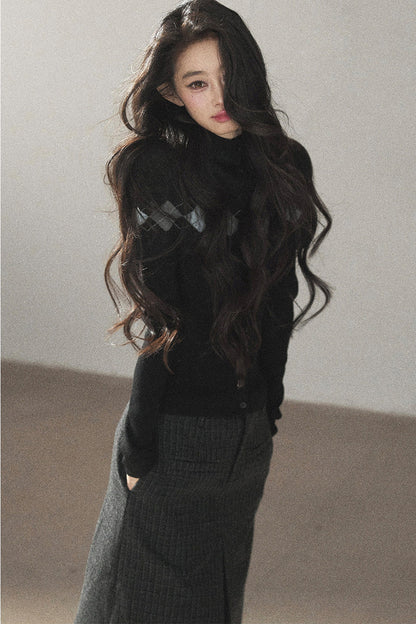 Plaid Wool Blend Slit Midi Skirt
