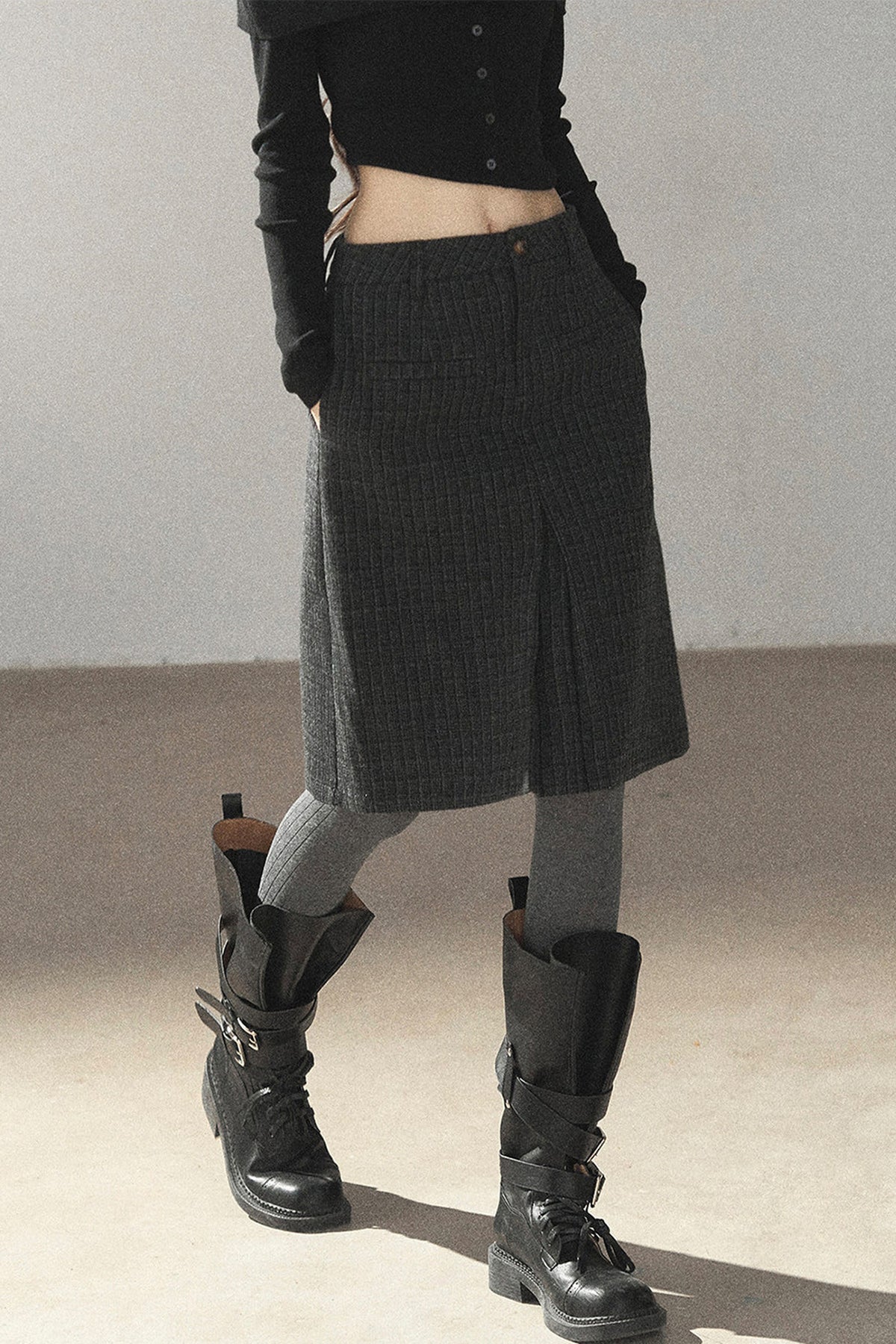 Plaid Wool Blend Slit Midi Skirt