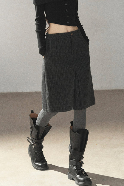 Plaid Wool Blend Slit Midi Skirt