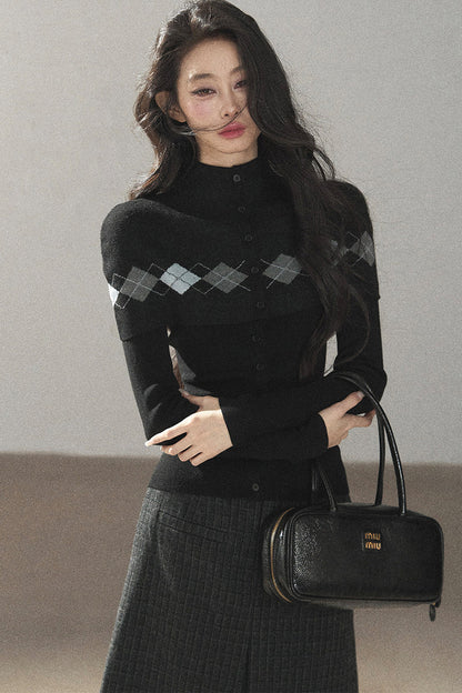 Argyle Wool Sweater With Shawl and Top Set