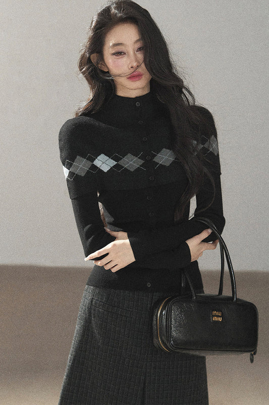 Argyle Wool Sweater With Shawl and Top Set