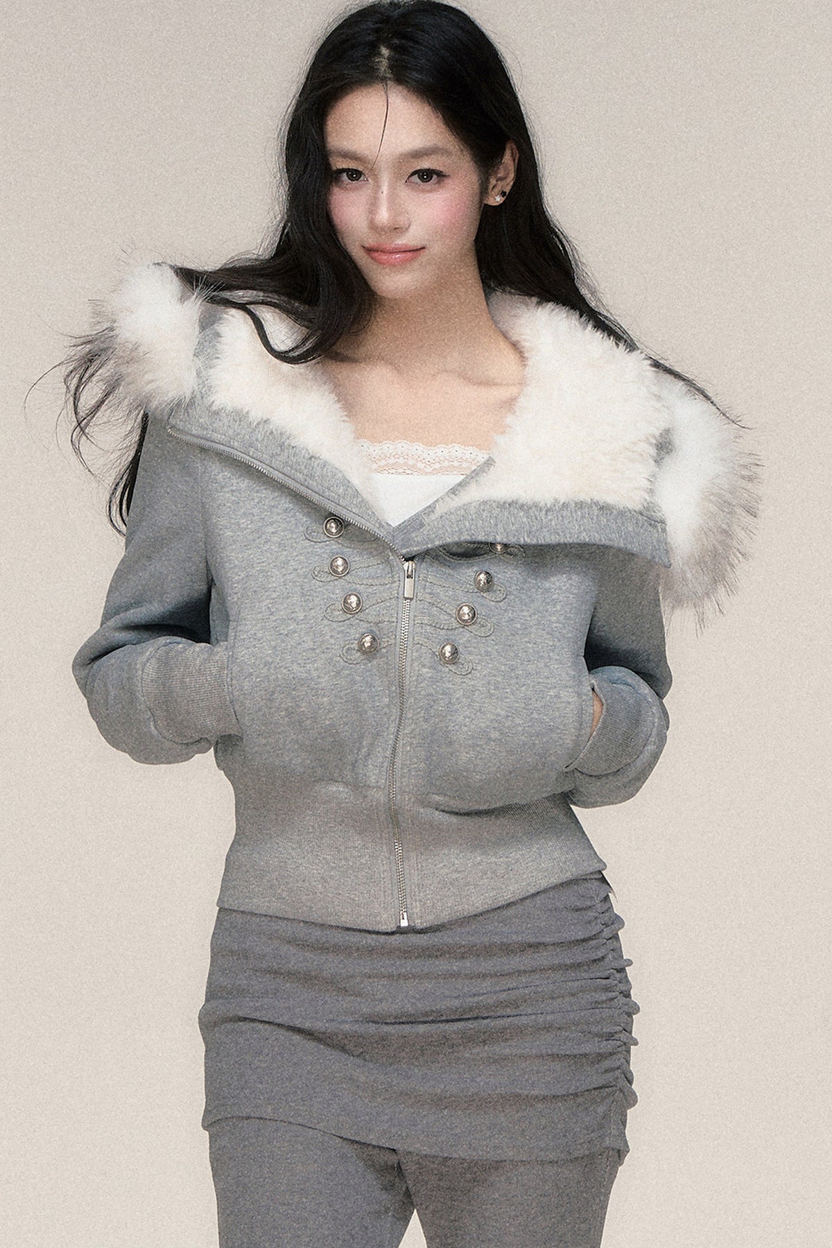 Large Fur Collar Hooded Fleece Jacket