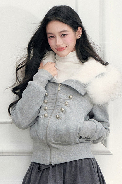 Large Fur Collar Hooded Fleece Jacket