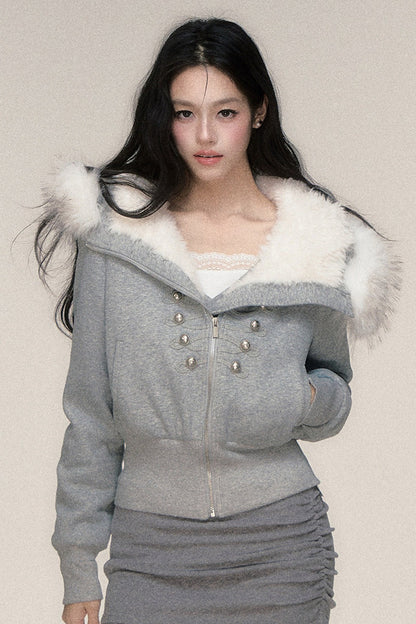 Large Fur Collar Hooded Fleece Jacket