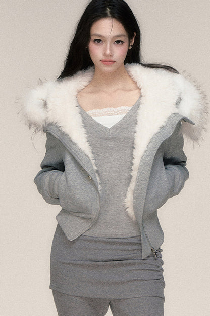 Large Fur Collar Hooded Fleece Jacket