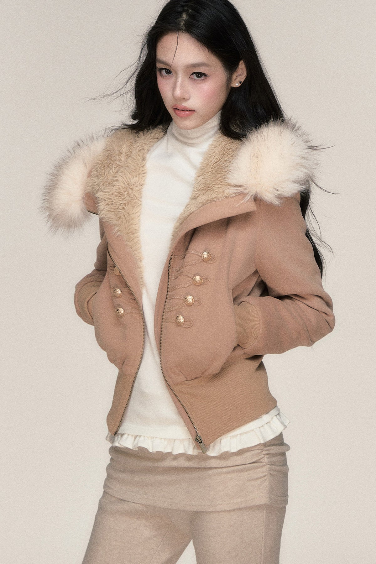 Large Fur Collar Hooded Fleece Jacket