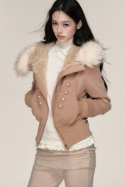 Large Fur Collar Hooded Fleece Jacket