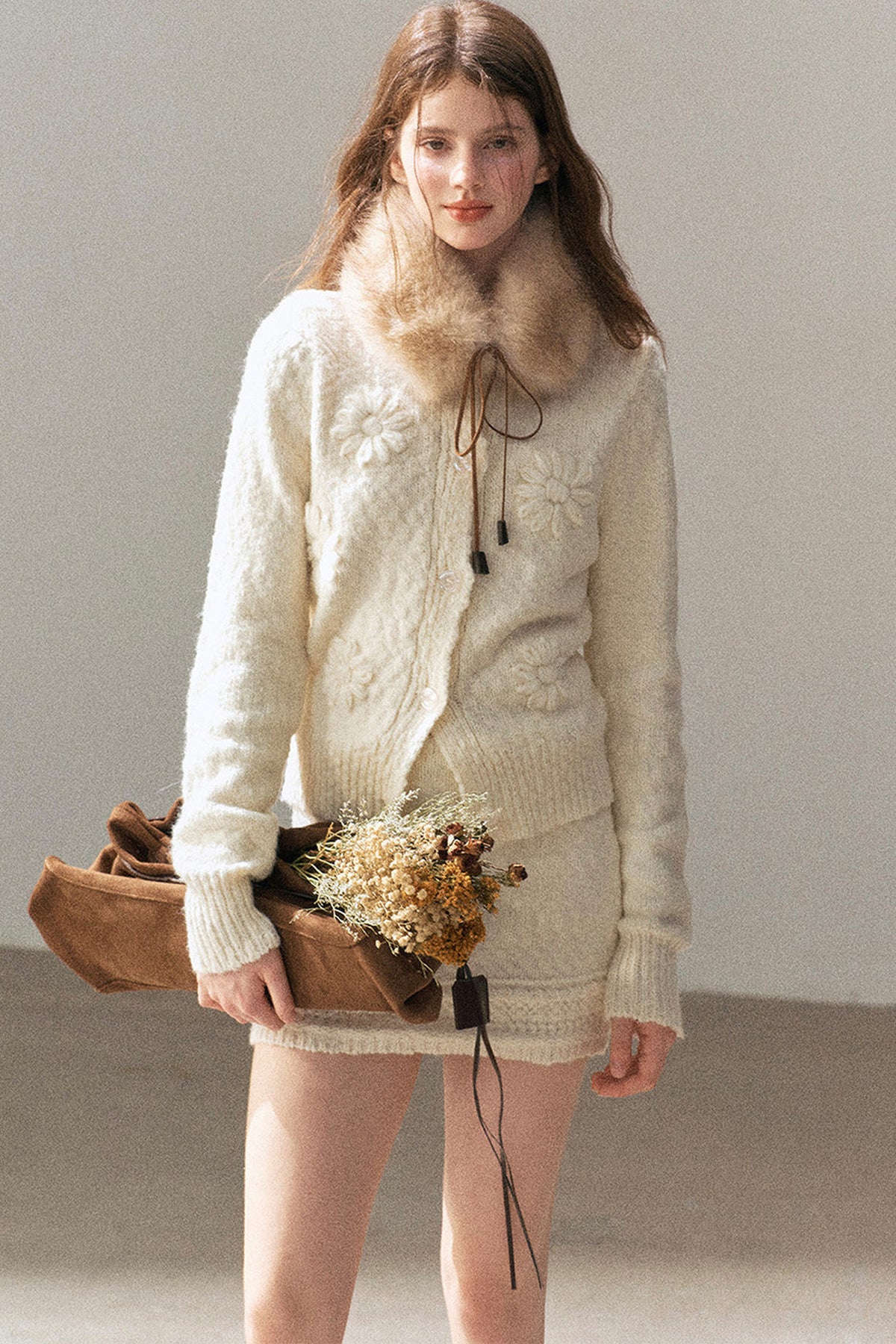 French Mercerized Wool Crochet Floral Cardigan and Skirt Set-Up