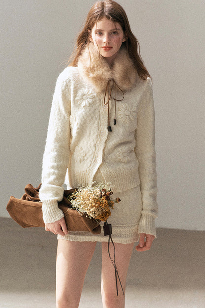 French Mercerized Wool Crochet Floral Cardigan and Skirt Set-Up