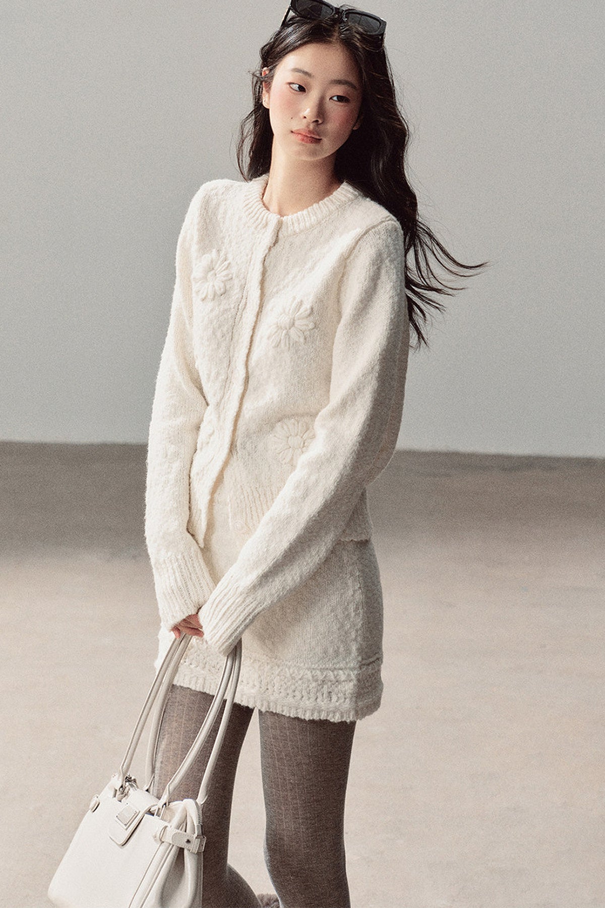 French Mercerized Wool Crochet Floral Cardigan and Skirt Set-Up