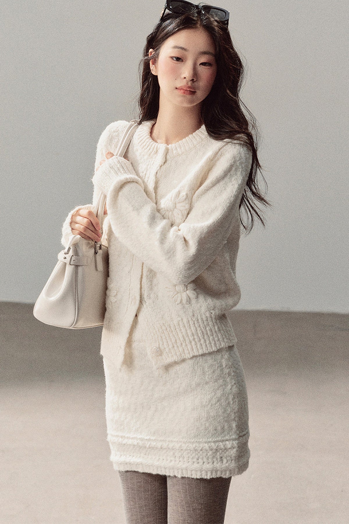 French Mercerized Wool Crochet Floral Cardigan and Skirt Set-Up