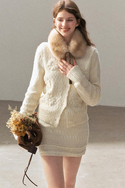 French Mercerized Wool Crochet Floral Cardigan and Skirt Set-Up