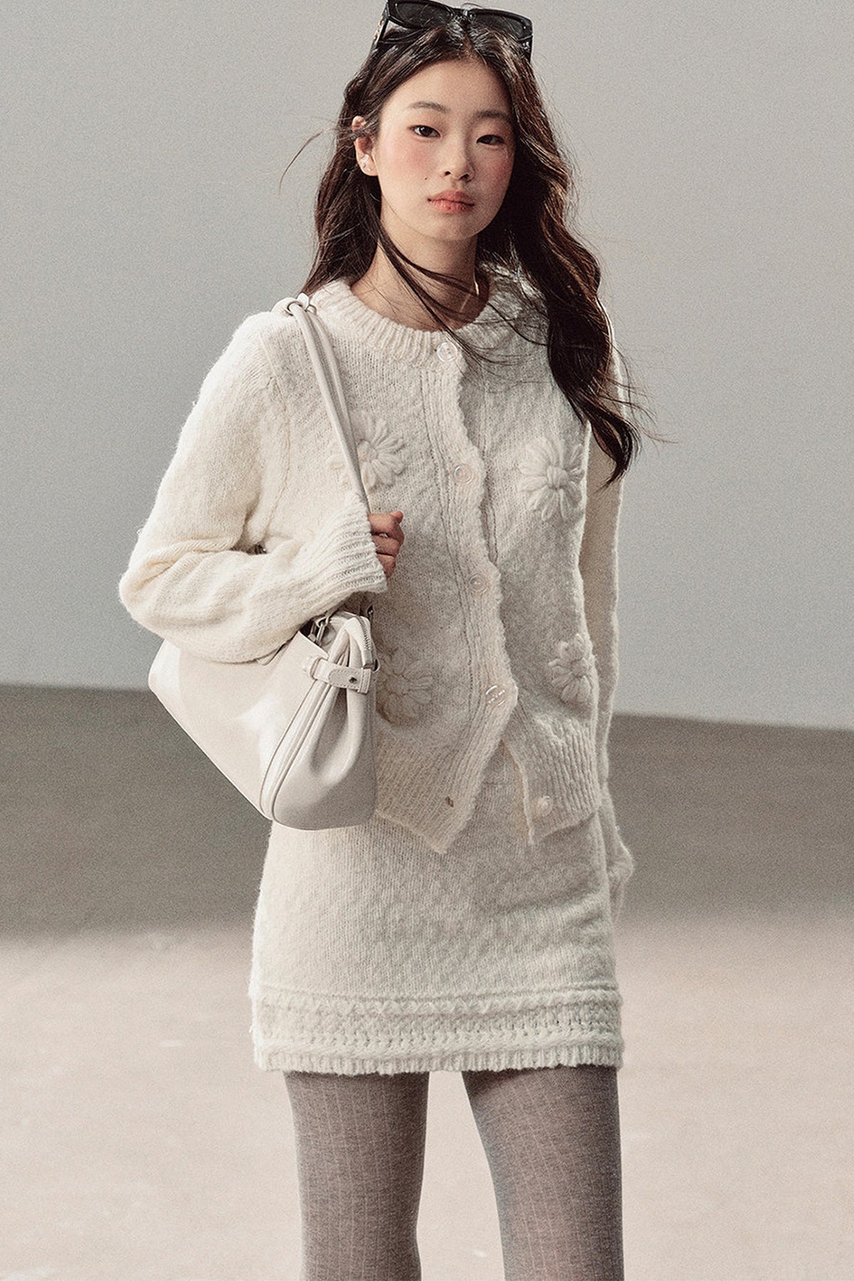 French Mercerized Wool Crochet Floral Cardigan and Skirt Set-Up