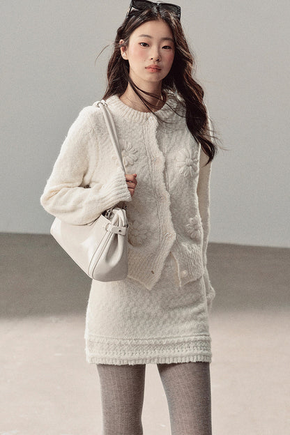 French Mercerized Wool Crochet Floral Cardigan and Skirt Set-Up