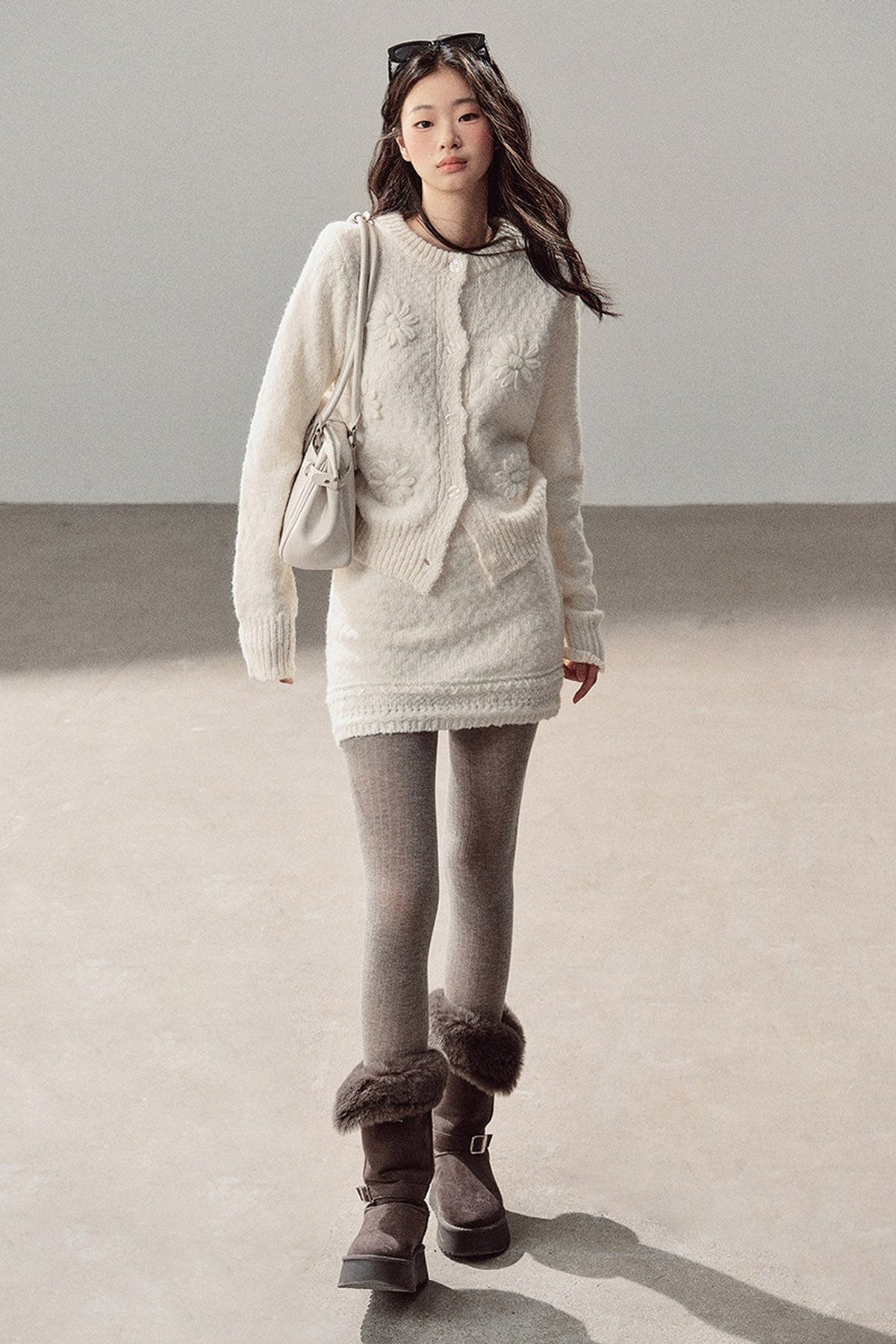 French Mercerized Wool Crochet Floral Cardigan and Skirt Set-Up