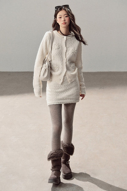 French Mercerized Wool Crochet Floral Cardigan and Skirt Set-Up