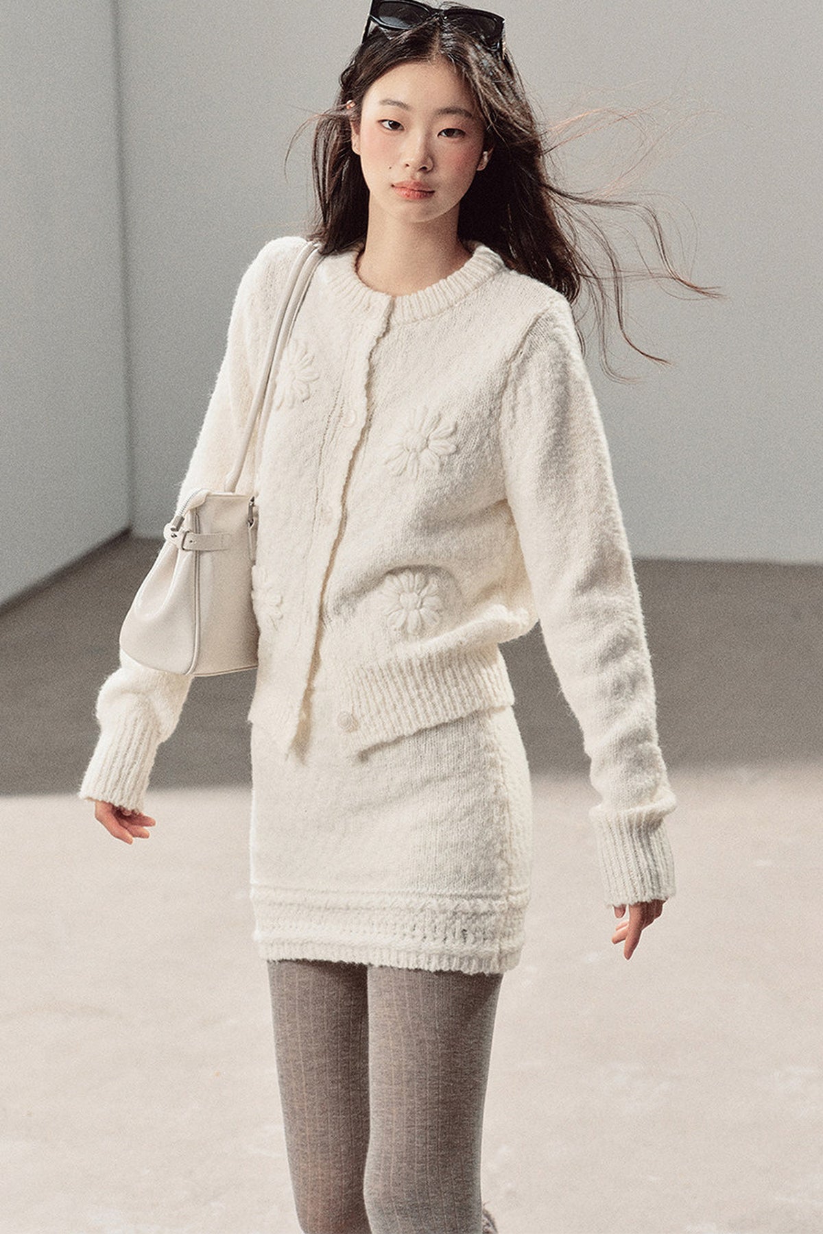 French Mercerized Wool Crochet Floral Cardigan and Skirt Set-Up