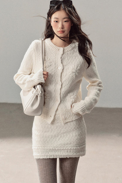 French Mercerized Wool Crochet Floral Cardigan and Skirt Set-Up