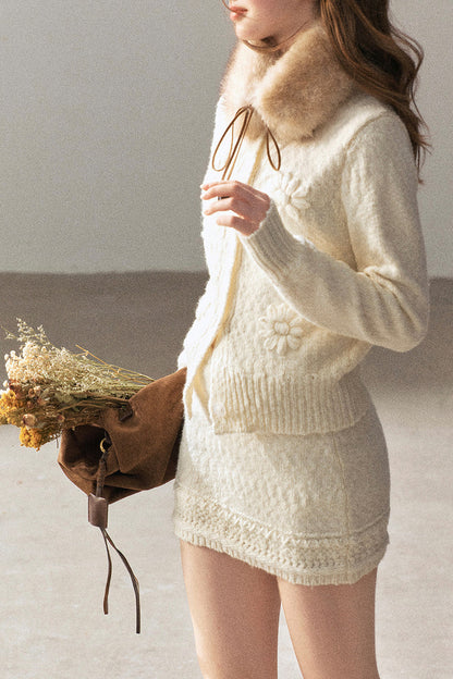 French Mercerized Wool Crochet Floral Cardigan and Skirt Set-Up