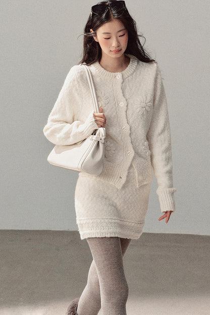 French Mercerized Wool Crochet Floral Cardigan and Skirt Set-Up
