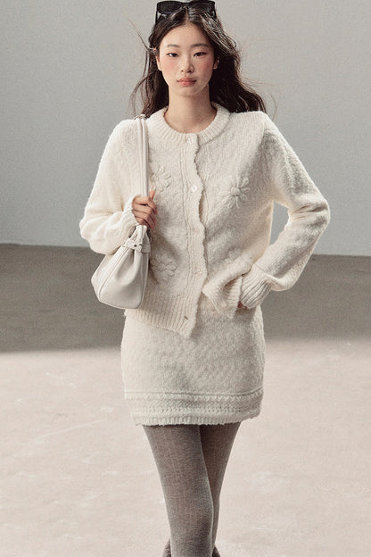 French Mercerized Wool Crochet Floral Cardigan and Skirt Set-Up
