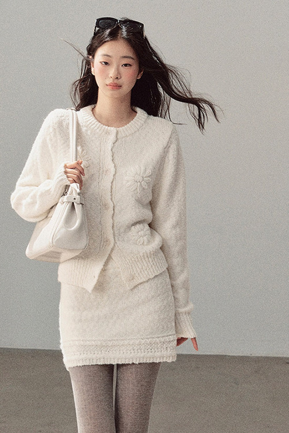 French Mercerized Wool Crochet Floral Cardigan and Skirt Set-Up