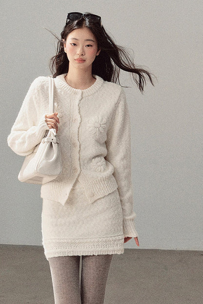 French Mercerized Wool Crochet Floral Cardigan and Skirt Set-Up