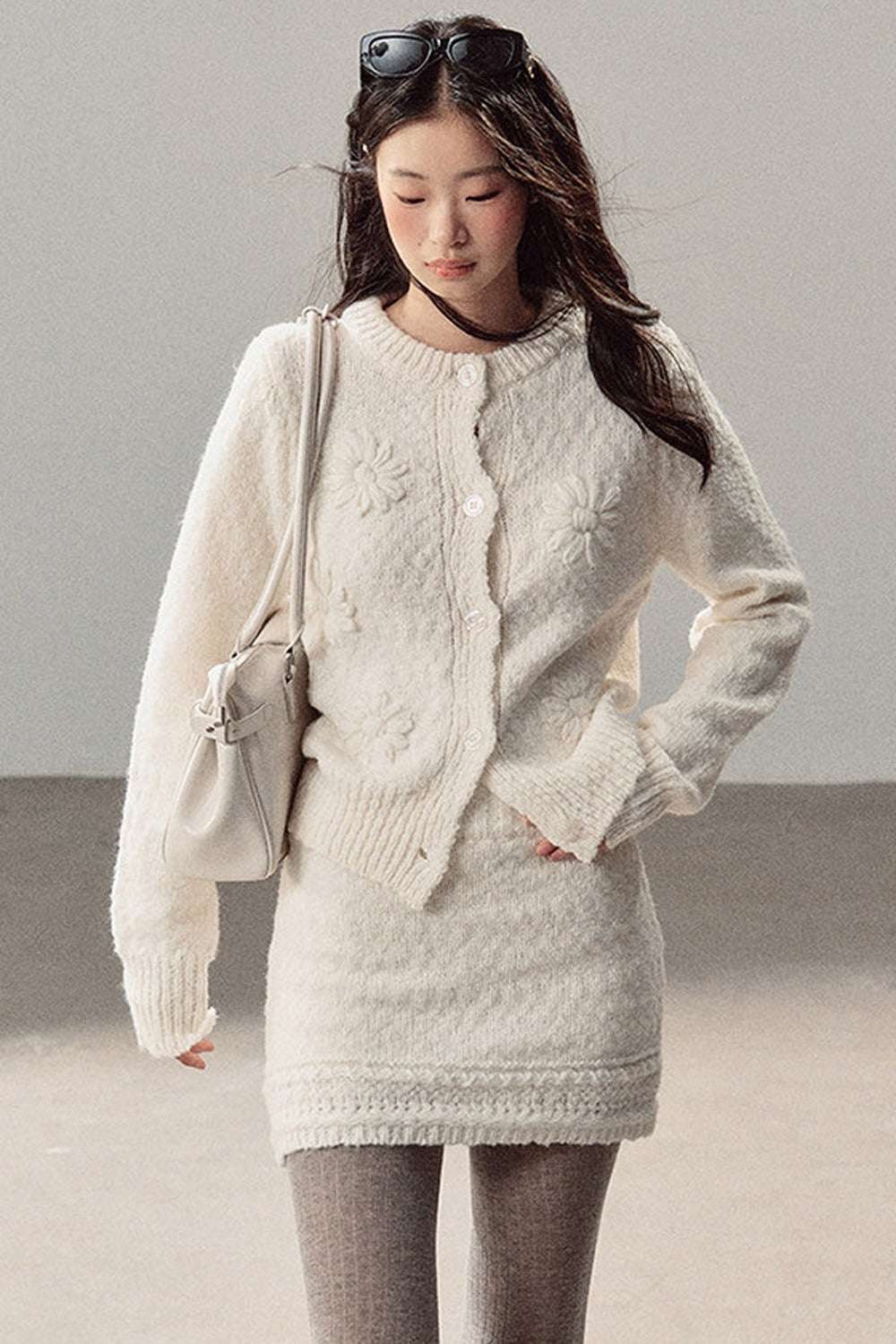 French Mercerized Wool Crochet Floral Cardigan and Skirt Set-Up