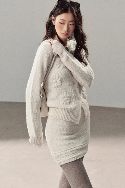 French Mercerized Wool Crochet Floral Cardigan and Skirt Set-Up