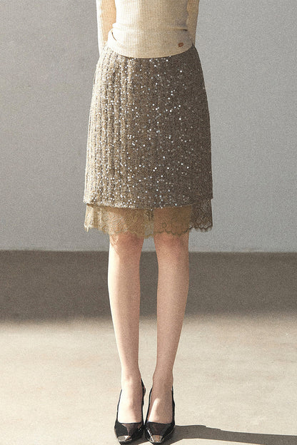 Straight Cut Sequin Lace Skirt