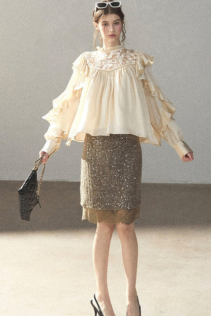 Straight Cut Sequin Lace Skirt