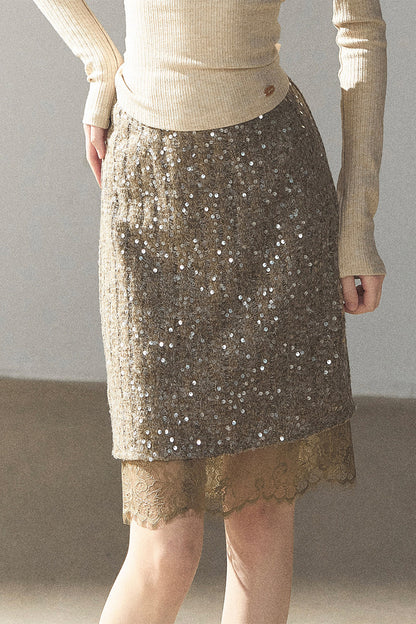 Straight Cut Sequin Lace Skirt